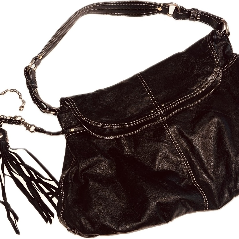 Hayden-Harnett leather shoulder bag w/brass studs & large tassel keychain-EUC